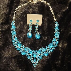 Blue Crystal Statement Necklace and Earring Set 17" + 2" Ext.